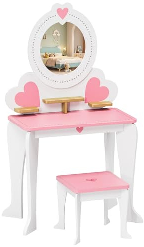 MAMIZO Sminkbord för Barn med Löstagbar Spegel, 2 i 1 Sminkbord för Flickor, Skrivbord med Pall, Prinsesssminkbord för Flickor från 3 år, 50x33x91cm Träsminkbord (Vit)