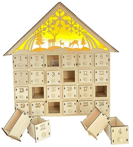 Imooreshine Adventskalender i trä med 24 lådor 10 x 3 x 12 tom nedräkning LED julkalender för juldekoration (inget batteri)