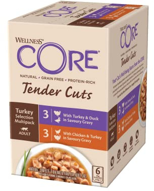 Wellness CORE Tender Cuts 6 x 85g, Multipack Poulet/Dinde/Canard – Tendre Morceaux pour Chats Adultes, sans Céréales, Naturelles, Hypoallergénique, Riche en protéines, À Haute Teneur en Viande,