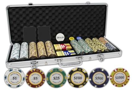 DA Vinci Monte Carlo Poker Club - Juego de 500 fichas de 3 Tonos de 14 Gramos con maletín de Aluminio Mejorado, 2 Barajas de Cartas de plástico, 2 Cartas de Corte, Distribuidor y Botones de Apuesta