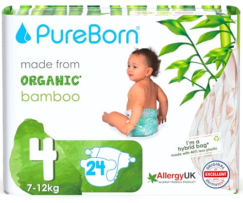 PureBorn Ekologiska Blöjor av Bambu, Storlek 4 (7-12 kg), 24 stycken, Allergivänliga, Ultramjuk, Våtindikator, Olika Tryck