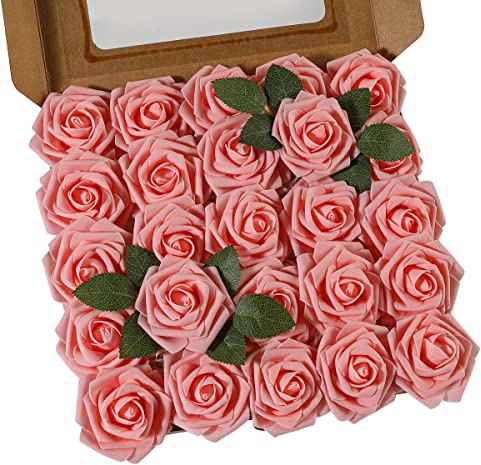 Ruiuzioong Rosa Artificial Flor 25PCS Rosa Falsa Espuma Mirada Real con Hoja y Vástago Ajustable para Bricolaje Ramos de Boda Decoraciones para el Hogar Nupciales (Rosa, 25pcs)