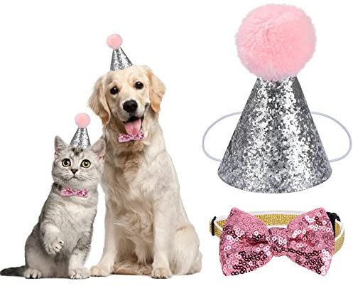 Cappello Compleanno per Animali Domestici Cappello Festa Cane Gatto con Papillon Paillettes per Cucciolo Gattino 2 Pezzi