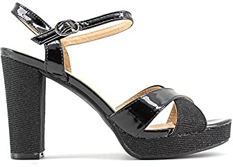 MODELISA - Sandalia de Tacón Alto con Plataforma Brillante Boda Mujer (Negro/3, Sistema tallas calzado EU, Adulto, Mujer, Números, mediano, 35)