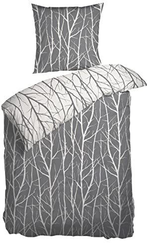 Arctic Bettwäsche 135x200 Satin I Bettbezug aus 100% Baumwolle mit Oeko-Tex Standard 100 I Bettzeug 2tlg., inkl. Kissenbezug 80x80 I Nordisches Design aus Dänemark, Zweig-Muster in Grau-Weiß
