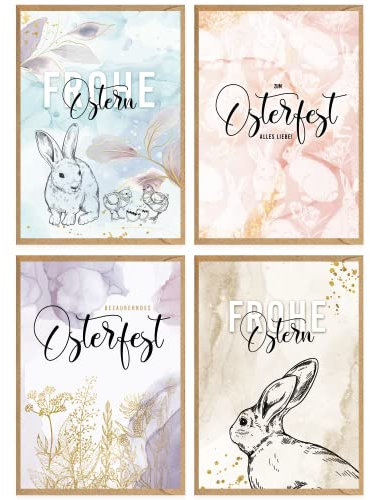 KOKO&LORA® Moderne Osterkarten im 4er Set mit passenden Kraftpapier-Kuverts • Grußkarten zur Osterzeit • Stilvolle Faltkarten zu Ostern (Pastell)