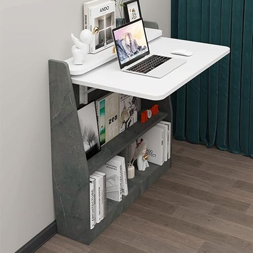 Pmnianhua - Escritorio de pared abatible, de madera, multifuncional, para ordenador portátil, con estantes de almacenamiento, para trabajo y oficina en casa, blanco y gris