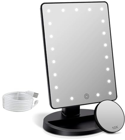 FASCINATE Makeup Vanity Mirror with Lights, Detachable 10X Magnifying | Hollywood Light Up Mirror, Dual Power Supply Battery & USB, Dimmable Touch Sensor, 90° Rotation, Portable for Travel, Black