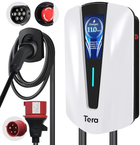 Tera EV Ladegerät Typ 2 11 kW Heimladestation Wallbox Ladekabel Elektroauto mit Kabelhalter Ladekabel 3-Phasen CEE Stecker 16A 400V Kabel für Elektrofahrzeuge und PHEVs, Q8 Weiß