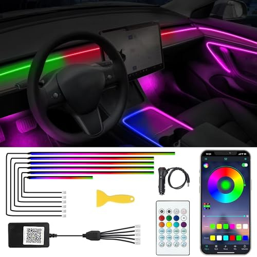 Acrylic Interior Car LED Lights with Remote and Wireless APP 6 in 1,Ambient Lighting Kits Fiber Optic Strip LEDs,16 Million Colors Music&DIY Function