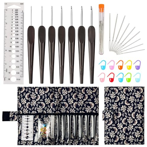28pcs Crochet Gift Premium Blackwood Crochet Hook Set 2.0 mm - 5.0 mm with Stitch Markers, Yarn Needless, Knitting Bag Case