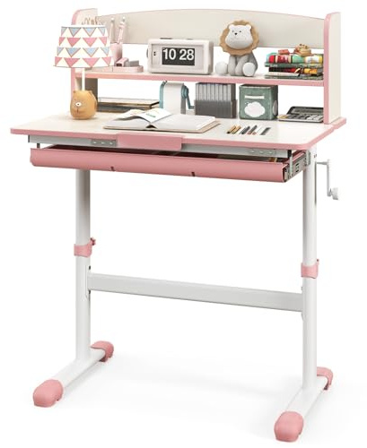 RELAX4LIFE Escritorio Pequeño Ajustable en Altura 50,5-73cm con Tablero Inclinable 0-60°, Regla, Estante y Cajón, Mesa Infantil para Casa y Escuela, Mesa de Estudio para Niños 3-12 Años (Rosa)