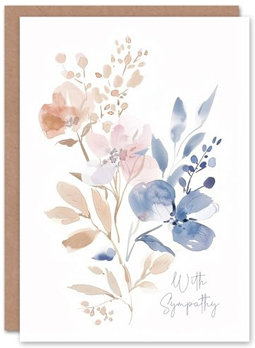 Artery8 Elegant Pink Tan Blue Flower Bouquet Watercolour Blank For Him Or Her Art Sympathy Card