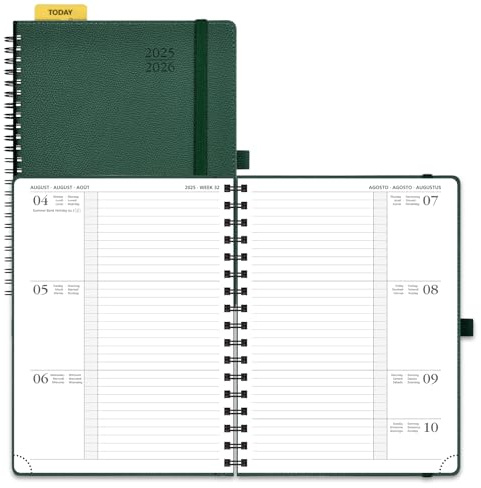 POPRUN Kalender 2025 2026 Horizontale Wochenplaner (Aug.2025-Dez.2026) – Ringbuch mit Softcover, ca. A5 (22x16,5 cm),17-Monate-Terminplaner 1 Woche 2 Seite, Armeegrün