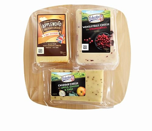 Cheese Wedges & CheeseBoard Gift Set - A Selection of 3 x 150g Applewood, Wensleydale, Cheddar with Onion Sage and Cheese Board for Serving. Cheese Gift Set for Birthday Gifts, Food Hamper