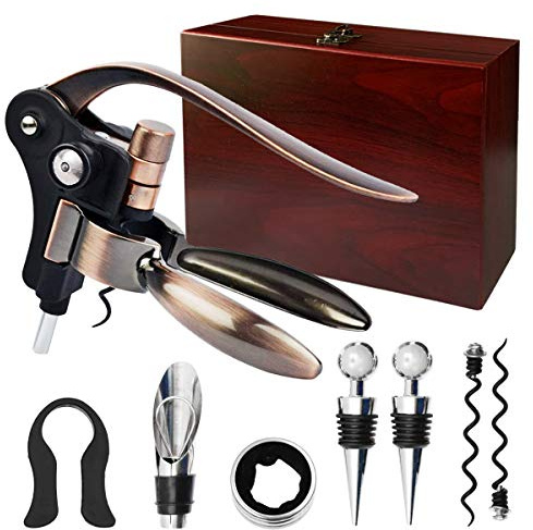 QONYFONE Wine Opener, Rabbit Corkscrew with Elegant Wooden Box, Premium 9-Piece Set, Includes Wine Stopper, Foil Cutter, Aerator, Quick and Easy Cork Extraction for Wine Lovers, Bronze