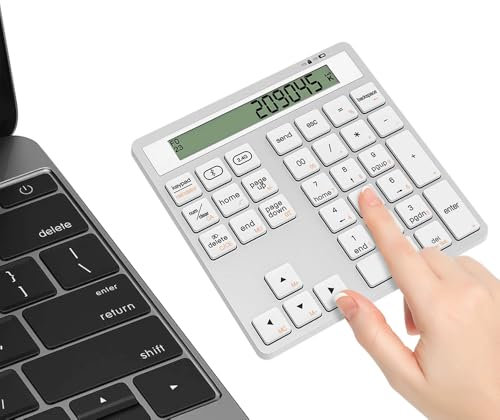 2 in 1 Bluetooth Numpad con calcolatrice, calcolo 34 tasti, tastierino numerico a doppia modalità Bluetooth + adattatore USB 2,4 G con calcolo, tastierino numerico senza fili per smartphone, PC, Mac