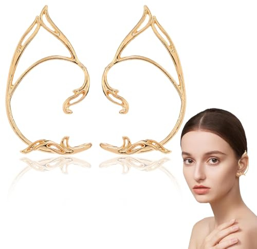 LQIOACU 1 Par Puños de Oreja Elfo Pendientes Clip Mujer, Alas De Angel Hoja Pendientes Pegados A La Oreja, Hada con Orejas De Elfo, Oro