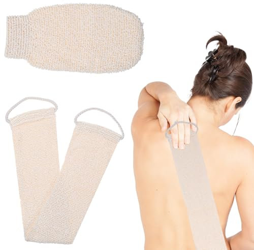 JJUNW Rückenschrubber und Peelinghandschuh, 2 Stück Bambusfaser Schwamm Rückenschrubber Exfoliating Gloves Peeling-Duschtuch mit Duschhandschuhen Massagehandschuh für Körperpeeling(Beige)