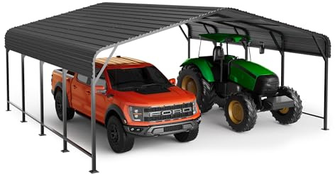 20x20 FT Metal Carport, Enhanced Base and Steel Roof for All-Weather Use, Outdoor Heavy Duty Garage Galvanized Car Shelter for Bass Boats, Full-Sized Pickup Trucks, and Tractors