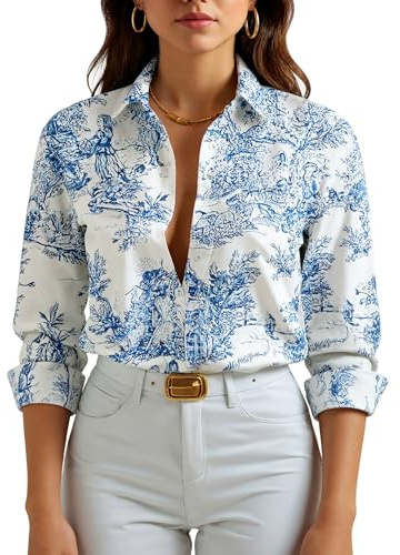 ROSA FERA Women's Button Down Shirt Long Sleeve 3D Pattern Print Blouse Traditional Chinese Painting Shirt (White,1X)