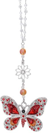 LuneClat Red Crystal Butterfly Car Charms - Vintage Rear View Mirror Hanging Ornament, Sun Catcher Window Pendant for Car Interior Decoration, Halloween for Mom Aunt Women