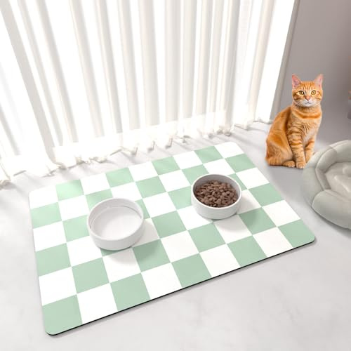 BLESWIN Tappetino Ciotole Cane e Gatti, 42 x 71 cm Tappetini Grandi per Cibo per Cani, Tappeto Assorbente per Cani, Tovaglietta a Scacchi con Retro in Gomma, Verde e Bianco