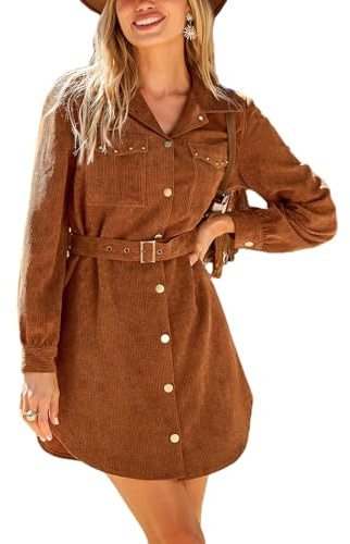 CUPSHE Mini abito da donna a maniche lunghe autunnale con bottoni, casual, cintura in velluto a coste, tasche aderenti, mini abito da lavoro, Marrone, M