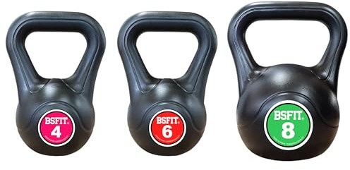 BSFIT Pesa Rusa Kettlebell Fabricada en España, Agarre Ergonómico, Base Estable, Entrenamiento de Fuerza y Fitness, 3 a 14 kg (SET 4-6 Y 8KG)