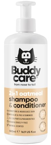 Buddycare Oatmeal 2in1 Cat Shampoo & Conditioner (500ml) Vegan, Cruelty-Free & PH Balanced - Packed with Aloe & Pro Vitamin B5 | Deep Cleanse Grooming for Healthy Coats | Also Suitable for Kittens