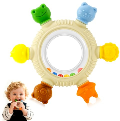 Baby Teething Toy for 0-6 6-12 Months Sensory Toys Baby Rattle Teether | Freezer Safe Silicone Teether | Silicone Baby Teething Ring for Teething Relief | BPA Free, Easy Grip Design for Infants