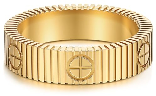 PDWZNBA Linear Stripe Textured Ring | 14K Gold-Plated Stainless Steel Promise & Friendship Ring, Wedding Band, Birthday Gifts for Women