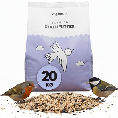 Vogelglück Streufutter Wildvögel 20 kg, nährstoffreiche Saaten Getreide Mischung, Ambrosia-kontrolliert, energiereich, Winterfutter, Ganzjahresfutter, Fütterung Futterhäuschen Balkon