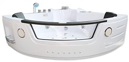 Whirlpool Corner Bath 140 x 140 cm Glass Panel, Lighting FM Radio Taps 2 Persons, Chromotherapy