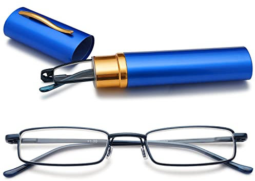 VEVESMUNDO Blue Light Blocking Reading Glasses Portable Metal Lightweight Stylish Rectangle Readers Glasses in Tube Case