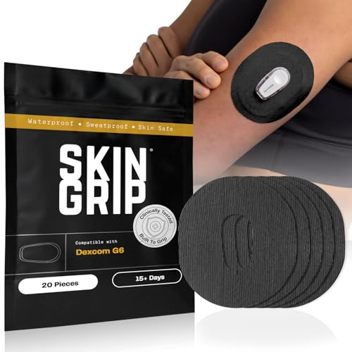 Skin Grip Adhesive Patch Compatible with Dexcom G6 Adhesive Patches Waterproof & Sweatproof with Cutout, Lasts 10-14 Days, Continuous Glucose Monitor Patch, CGM Sensor Cover – 20 Pack, Black