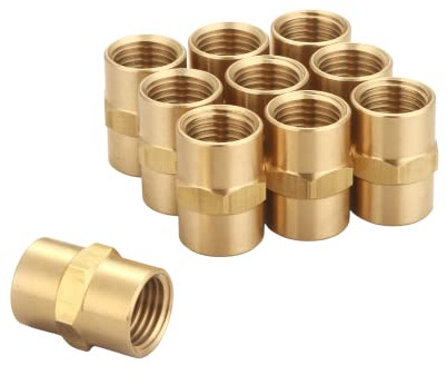 T TANYA HARDWARE Brass Coupling 1/4 Inch NPT Female x 1/4 Inch NPT Female Hex Head Pipe Fitting, Pack of 10, Compressor connector 1/4 fnpt to 1/4 fnpt Coupler, Air Hose Adapter Brass Fittings