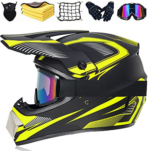 Crosshelm Fullface Set Downhill-Helm Für Erwachsene Und Kinder Mit Visier Brille Handschuhe Maske Motorrad Netz,Handtuch,für BMX, MTB, Quad, Enduro, ATV, Roller, Unisex (C,S(55-56cm?)