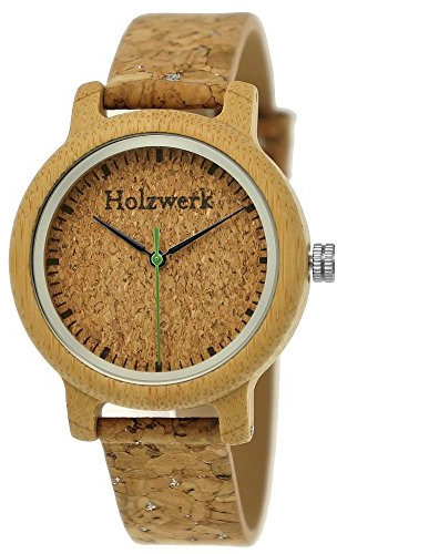 Holzwerk Germany Handgefertigte Designer Damen-Uhr Öko Natur Vegan Holz-Uhr Armband-Uhr Analog Klassisch Quarz-Uhr mit Kork Armband und Holz Ziffernblatt