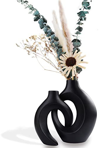 Kingbar Vase Noir Mat Pampa en Céramique, Art Design Décoratif pour Maison, Salon, Bureau, Cuisine - Ornement de Table