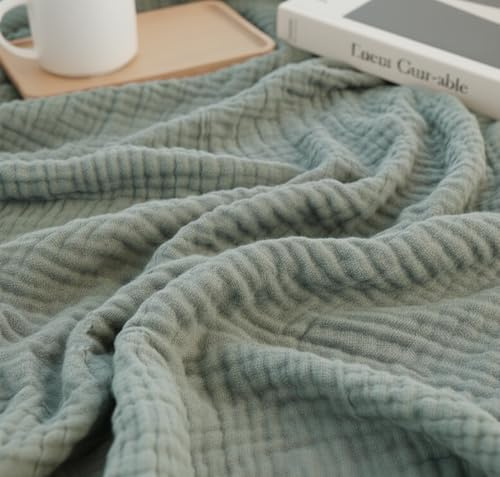 KyraHome Muslinfilt i 100 % ekologisk bomull, 228 x 228 cm, Queen size-storlek, växtfärgad, varm, ventilerande bomullsmuslin, bomullsfilt för säng, soffa, överkast för alla årstider, salviagrön
