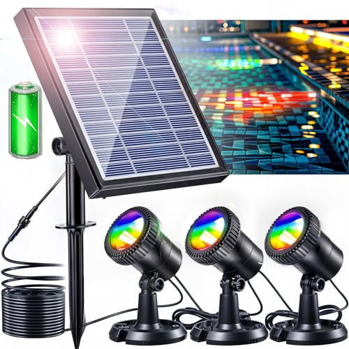 RISINGUP Luci solari per laghetto, luci RGB per laghetto, faretti LED subacquei, impermeabili, IP68, batteria da 2200 mAh, angolo di illuminazione regolabile per laghetto, fontana, piscina,