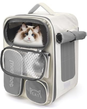 Seahelms Mochila transportadora para gatos, transpirable, plegable, con apertura frontal, bolsillos de malla para llevar cachorros, perros, gatos, mascotas pequeñas, hasta 15 libras