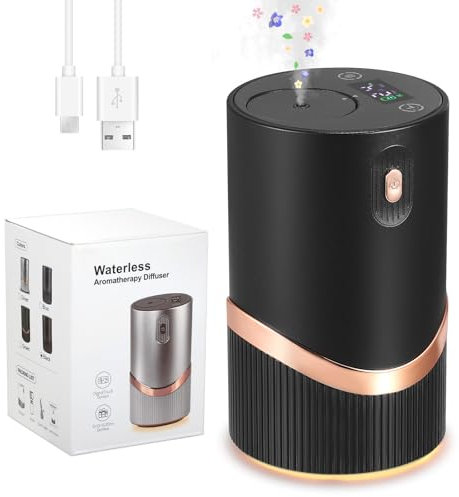 Neulriscn Waterless Diffuser for Essential Oils, Rechargeable Aromatherapy Atomizing Diffuser Car Freshener, Portable Essential Oil Nebulizer for Home, Bedroom, Office, 4 Timer Settings, 4 Mist Levels
