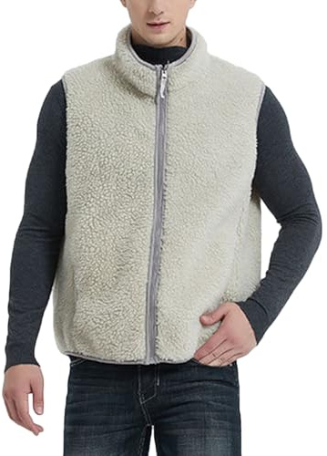 Liebeimmier Gilet thermique pour homme avec col montant et fermeture éclair intégrale en polaire imitation peau de mouton, blanc, XL