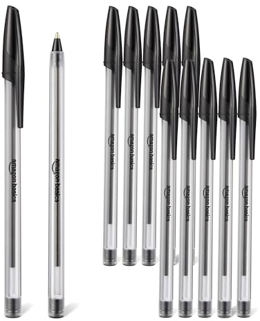 Amazon Basics Lot de 12 Stylos à Bille pour la Maison, le Bureau et l’École, 1,0mm, Noir