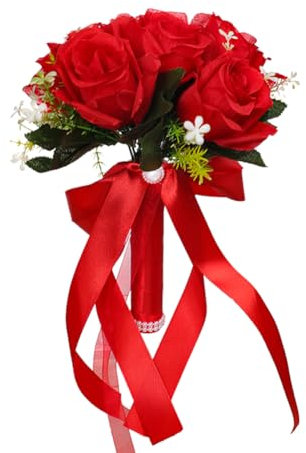 JOYWU Wedding Bouquets for Bride,24 x 20cm Bridal Bridesmaid Rose Bouquet with Ribbon,Flowers and Leaf,White Purple Pink Blue Artificial Roses Flowers Bouquets for Wedding Church Decoration (red)