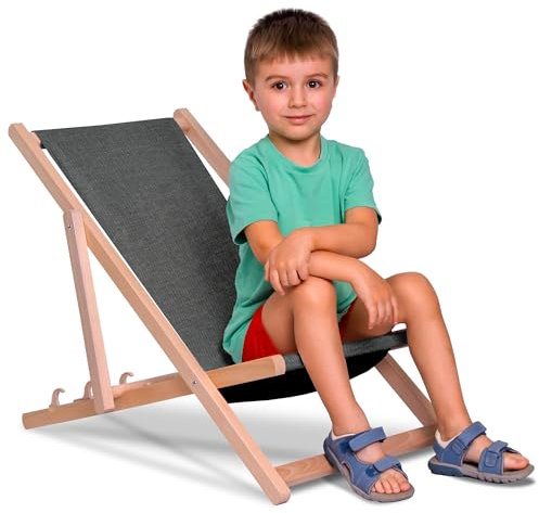DreamRoots Kinder Campingstuhl klappbar aus Holz - Klappliegestuhl bis 130 kg - Kinder Gartenmöbel faltbar - UV-beständiger Polyesterstoff in Leinenoptik - Kinderliege für draußen & Strand, waschbar