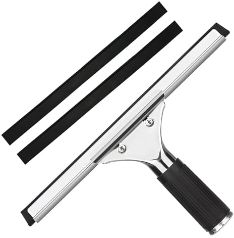 25cm Window Cleaning Squeegee Stainless Wiper with 2 Rubber Blade Replacement Windows Glass Scraper Rubber Non-slip Handle Shower Screen Cleaner Equipment for Bathroom Glass Door Mirror Car Tiles