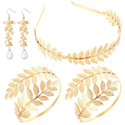 5 Pieces Greek Goddess Costume Accessories Golden Greek Leaf Crown Headband 2 Pcs Coil Upper Armband Bracelet 2 Pcs Dangle Earrings for Women Bridal Wedding Halloween Party Toga Costume Accessories